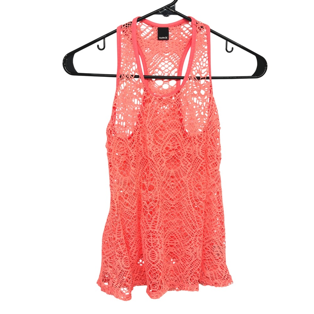Crochet Mesh Swim Cover Up Tank Small Neon Coral Racerback Beach Festival Y2K